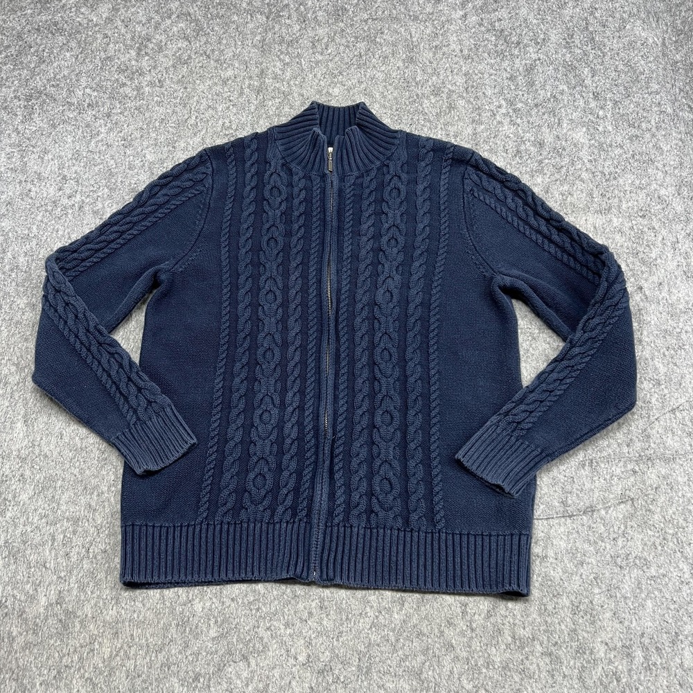 L.L.Bean Sweater Mens XL Navy Blue Cable Knit Full Zip Mock Neck Cardigan Cotton